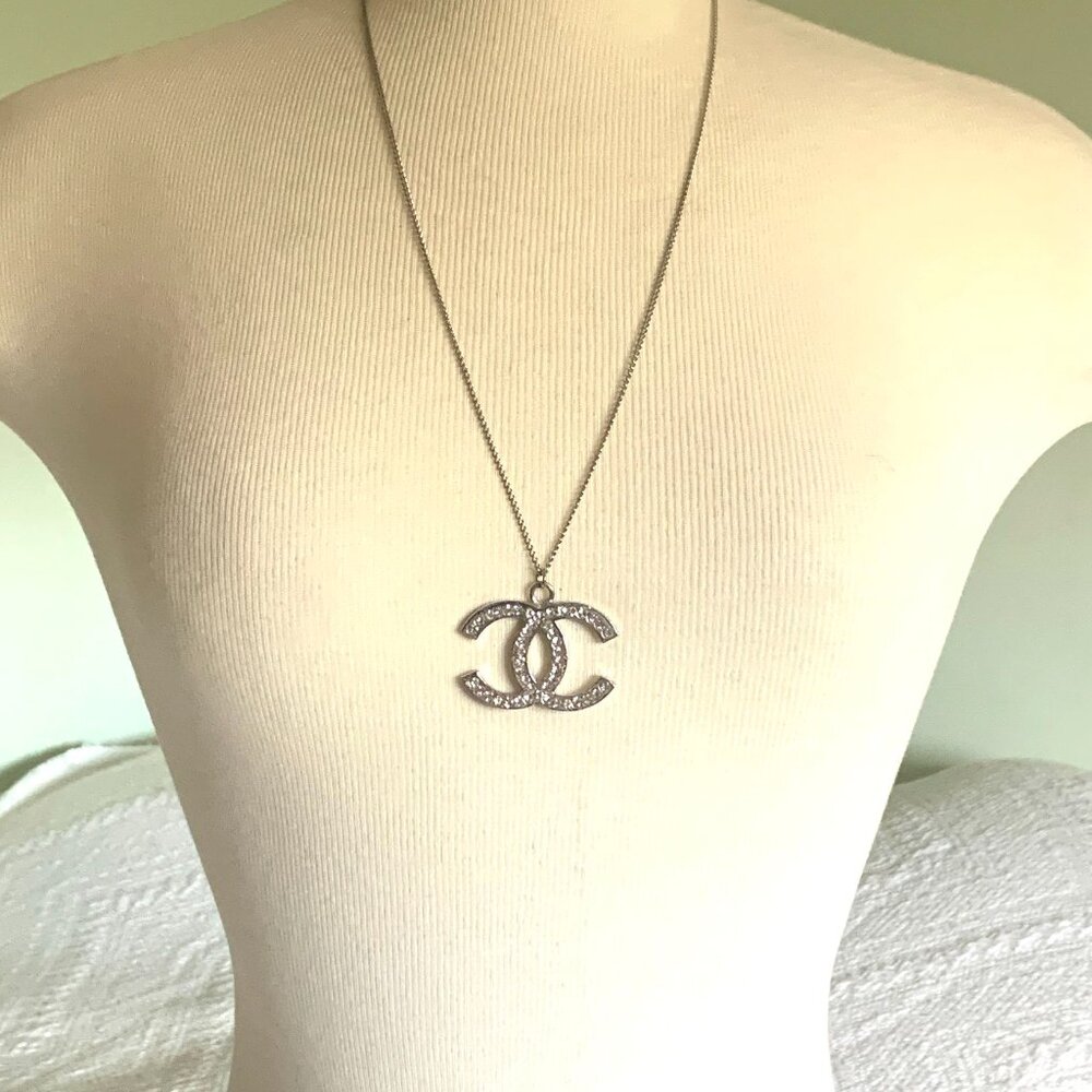 Vintage CC Logo Rhinestone Pendant on 23 inch Chain Necklace